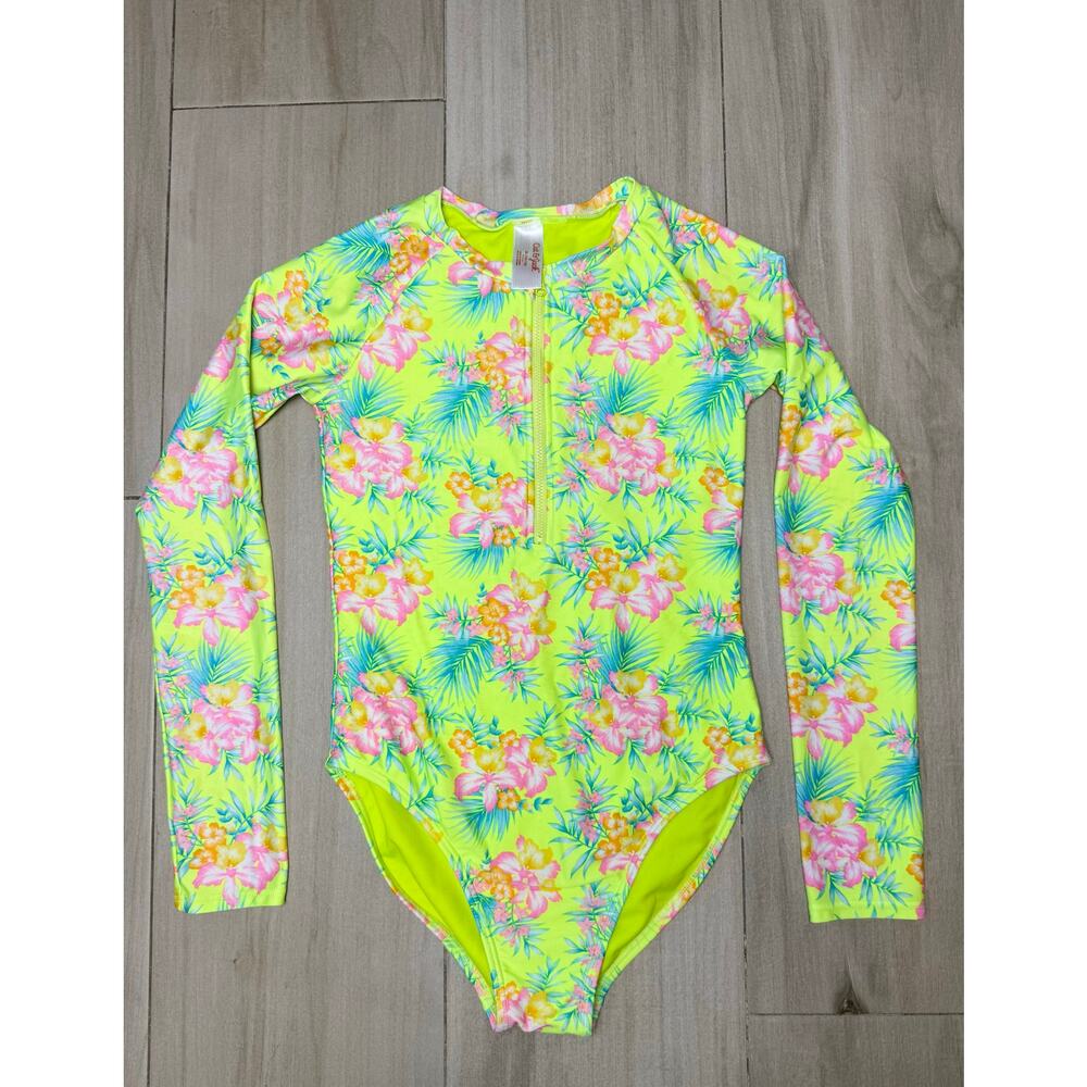 Cat & Jack Girls Tropical Floral Long Sleeve Rash Guard Swimsuit XL 14/16